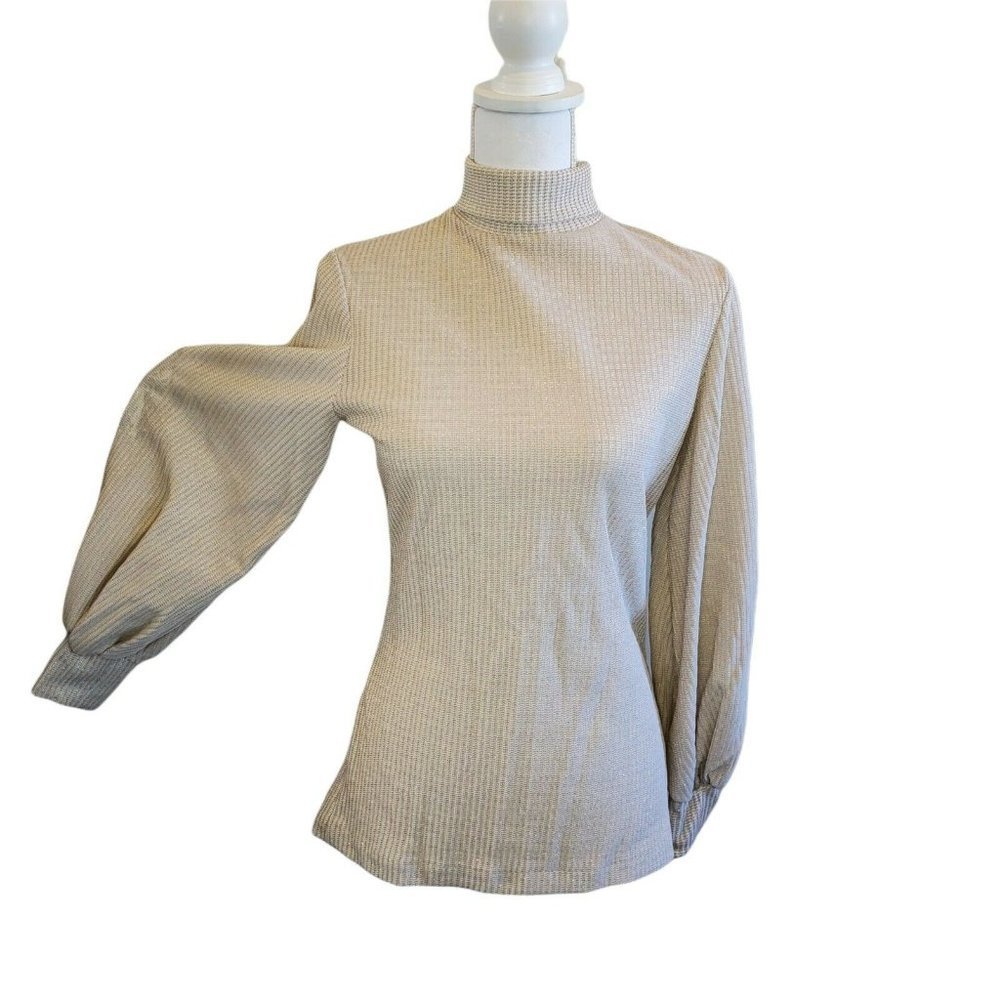 Vintage 80s Neutral Beige Gold Metallic Ribbed Turtleneck Balloon Sleeve Sz S/M